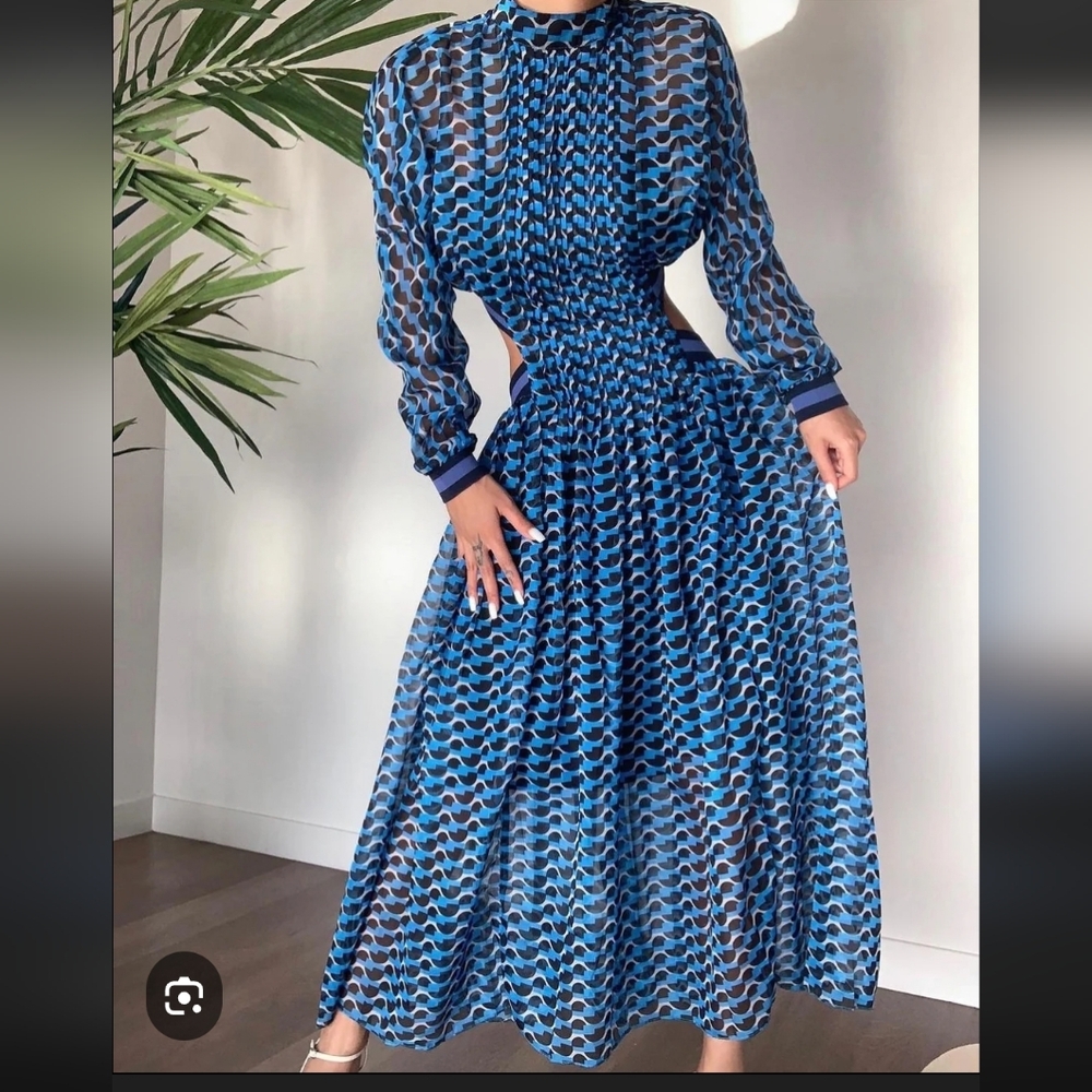 Blue Patterned Long-Sleeve Midi Dress